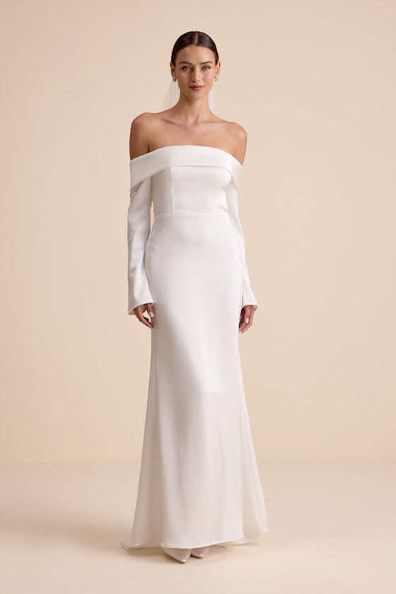 Lulus | White Satin Off-the-Shoulder Long Sleeve Maxi Dress | Womens | Large (Available in XXS, XS, S, M, XL) | 100% Polyester Lulus | White Satin Off-the-Shoulder Long Sleeve Maxi Dress | Womens | Large (Available in XXS, XS, S, M, XL) | 100% Polyester