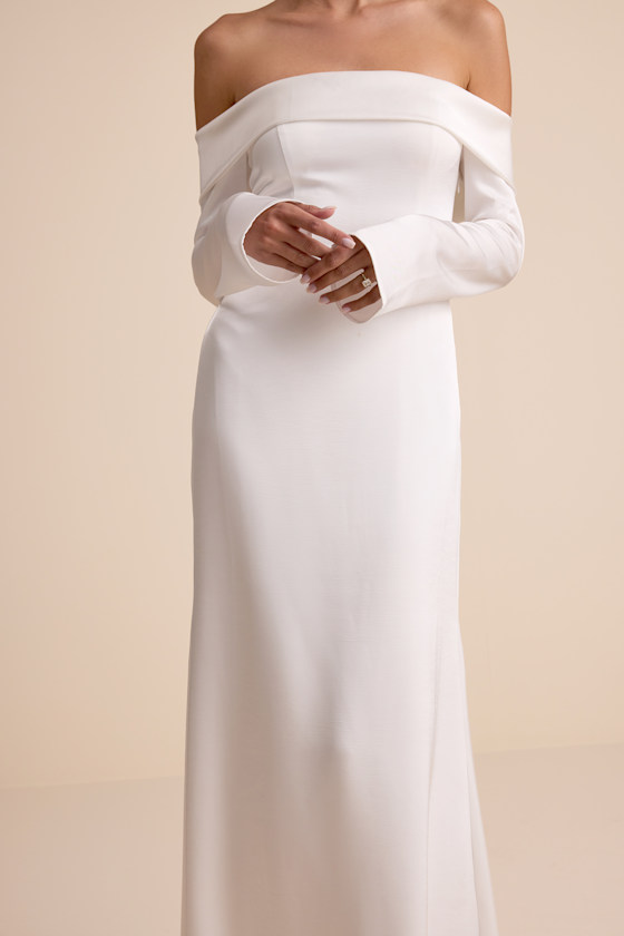 White Maxi Dress - Off-the-Shoulder Dress - Long Sleeve Gown - Image 2