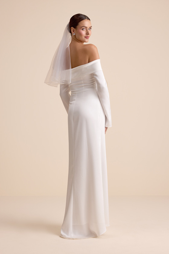 White Maxi Dress - Off-the-Shoulder Dress - Long Sleeve Gown - Image 3