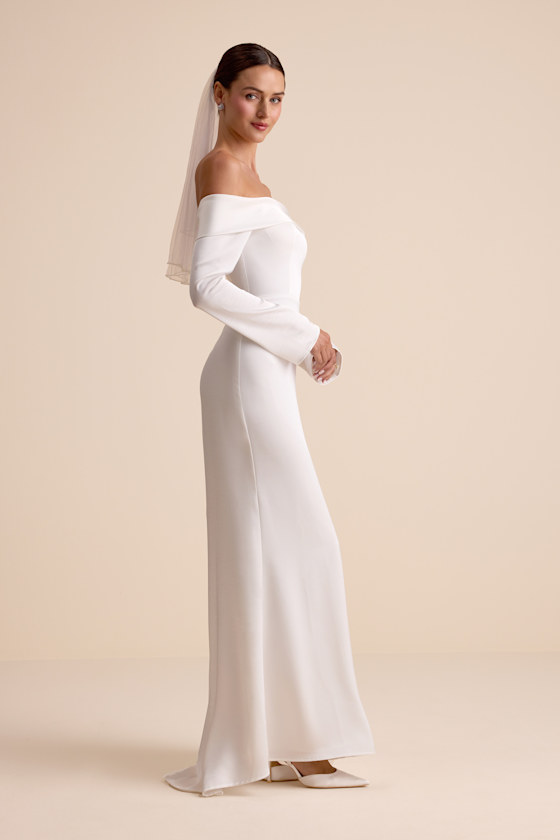 White Maxi Dress - Off-the-Shoulder Dress - Long Sleeve Gown - Image 4