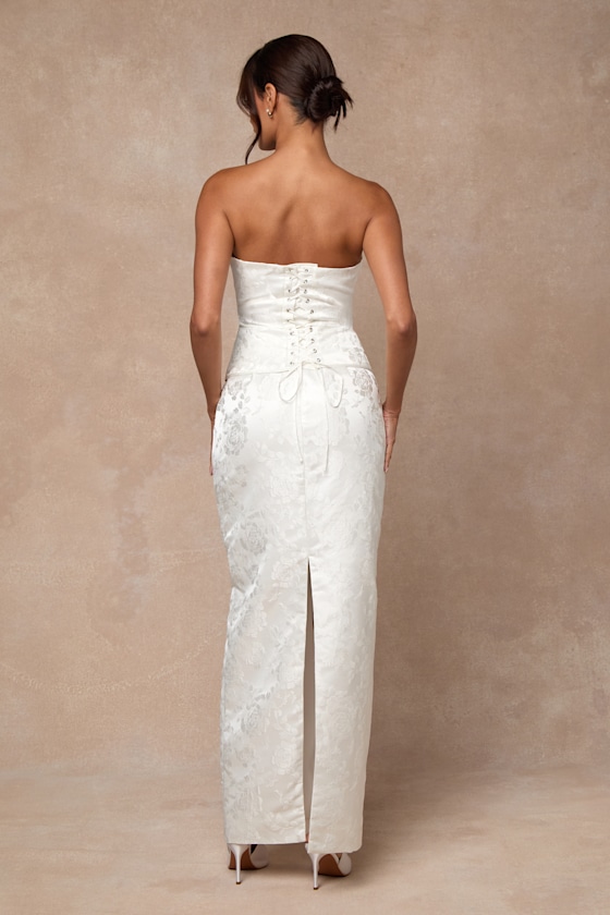Lulus Melva White Satin Jacquard Two-piece Bustier Maxi Dress In White