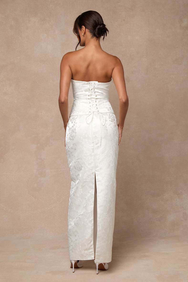 Melva White Satin Jacquard Two-Piece Bustier Maxi Dress