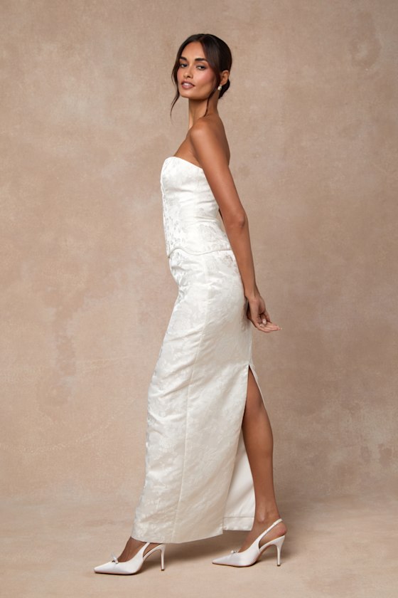 Melva White Satin Jacquard Two-Piece Bustier Maxi Dress - thumbnail 4