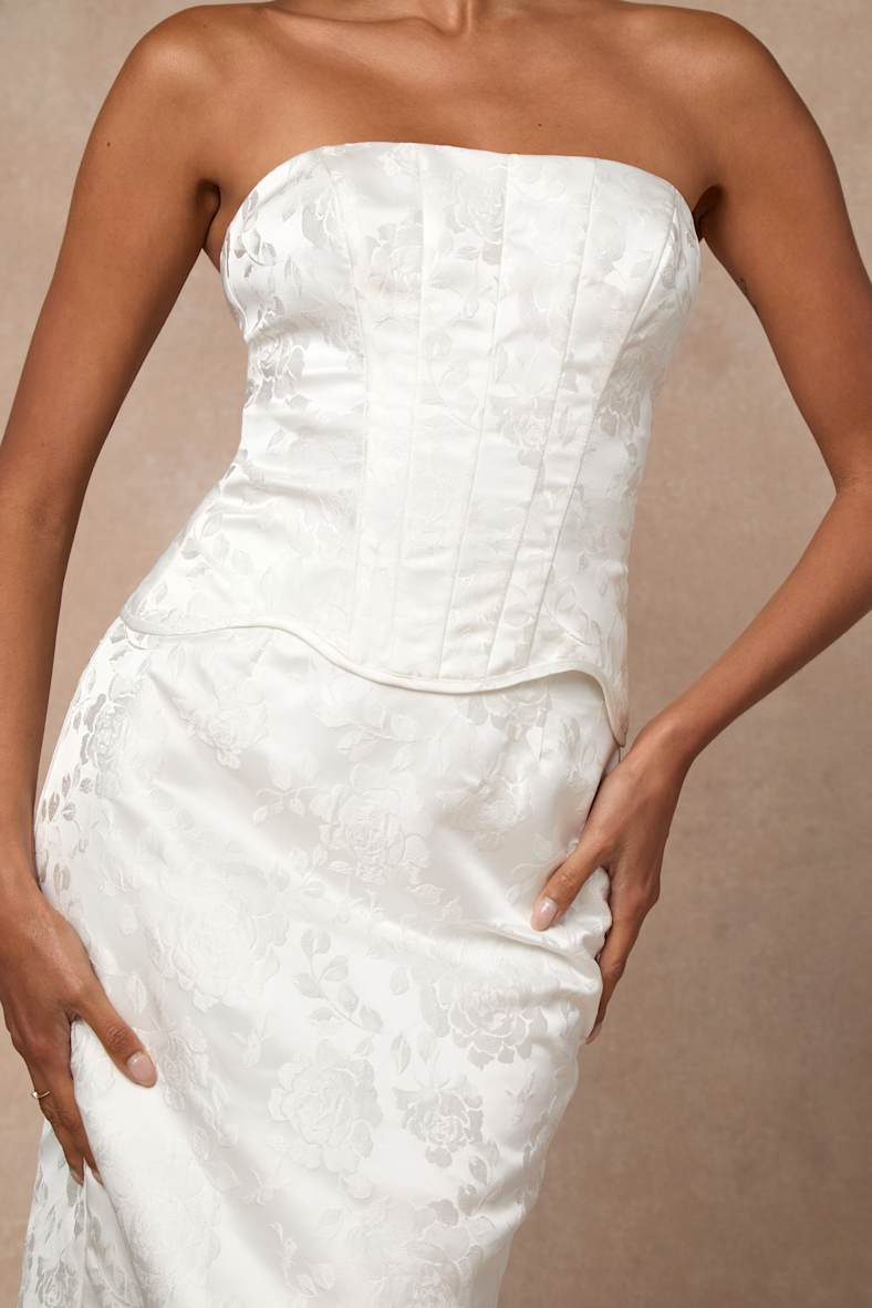 Melva White Satin Jacquard Two-Piece Bustier Maxi Dress