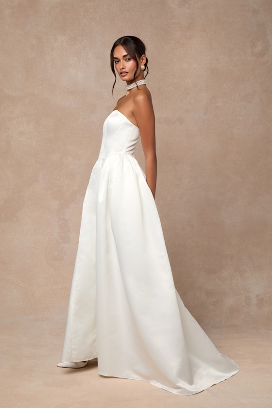 Lulus Bennett White Satin Strapless A-line Maxi Dress In White