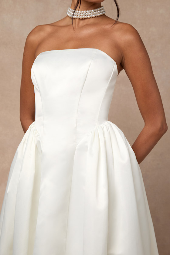 Lulus Bennett White Satin Strapless A-line Maxi Dress In White