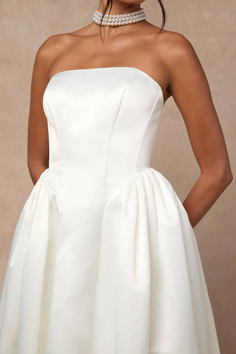 Bennett White Satin Strapless A-Line Maxi Dress