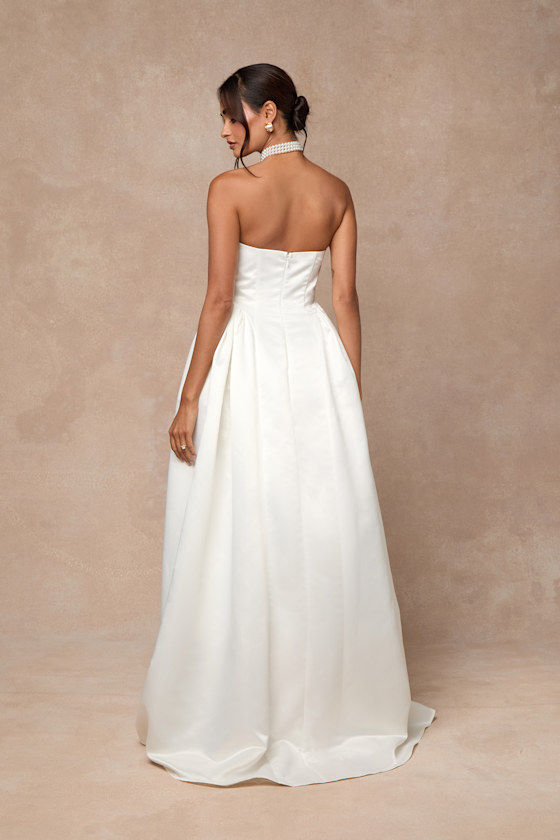 Lulus Bennett White Satin Strapless A-line Maxi Dress In White