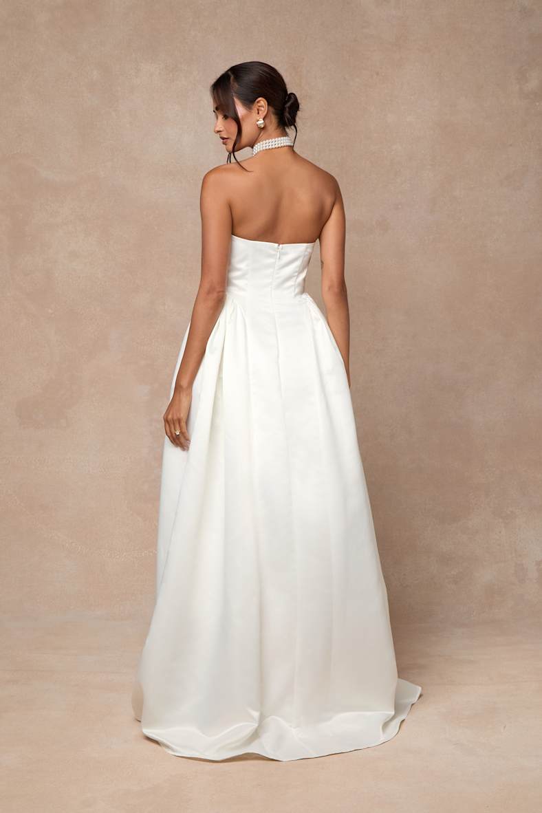 Bennett White Satin Strapless A-Line Maxi Dress