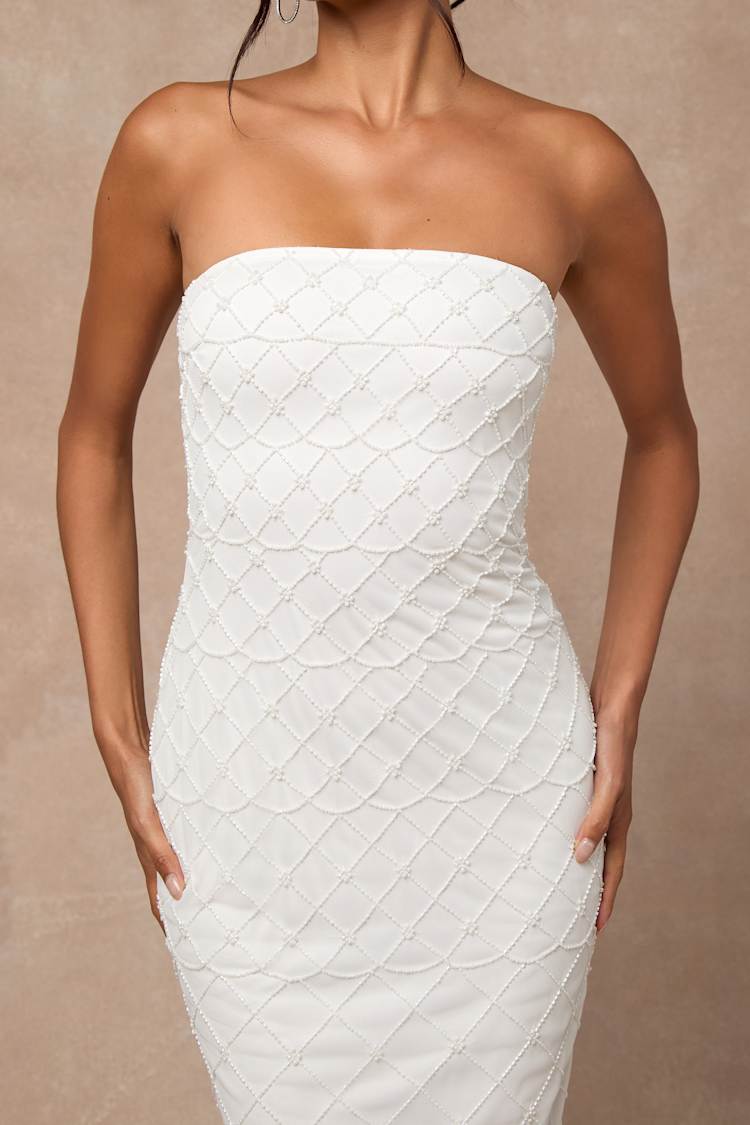 Miko White Beaded Strapless Column Maxi Dress