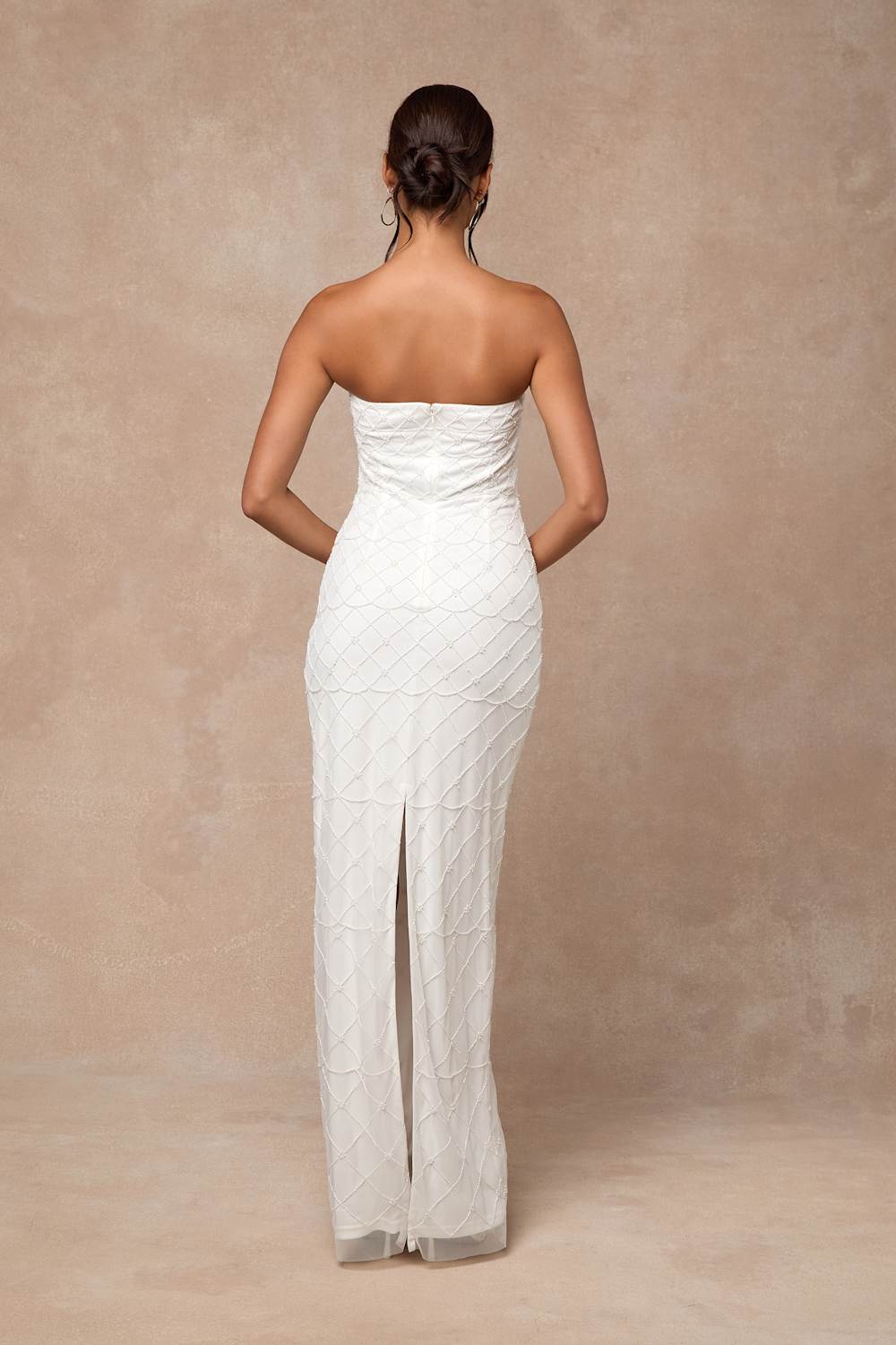 Miko White Beaded Strapless Column Maxi Dress
