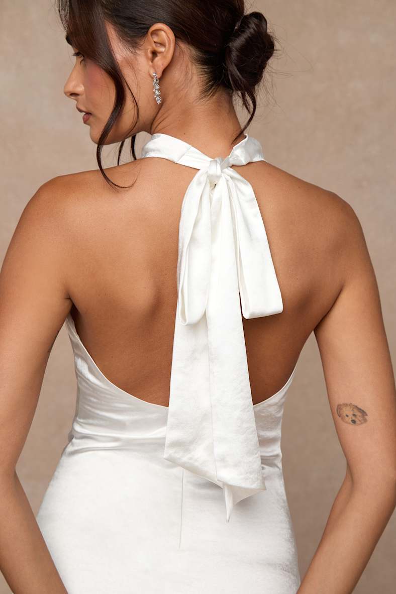 Concetta Ivory Satin Lace Halter Maxi Dress