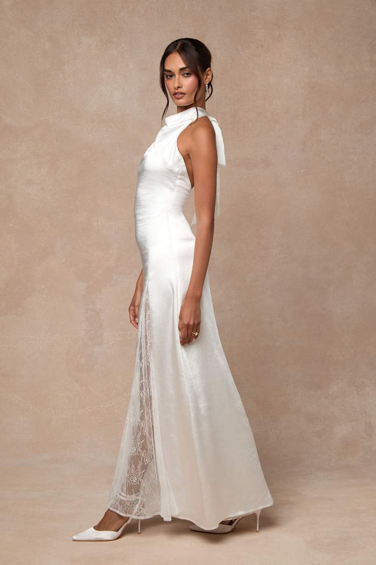 Concetta Ivory Satin Lace Halter Maxi Dress