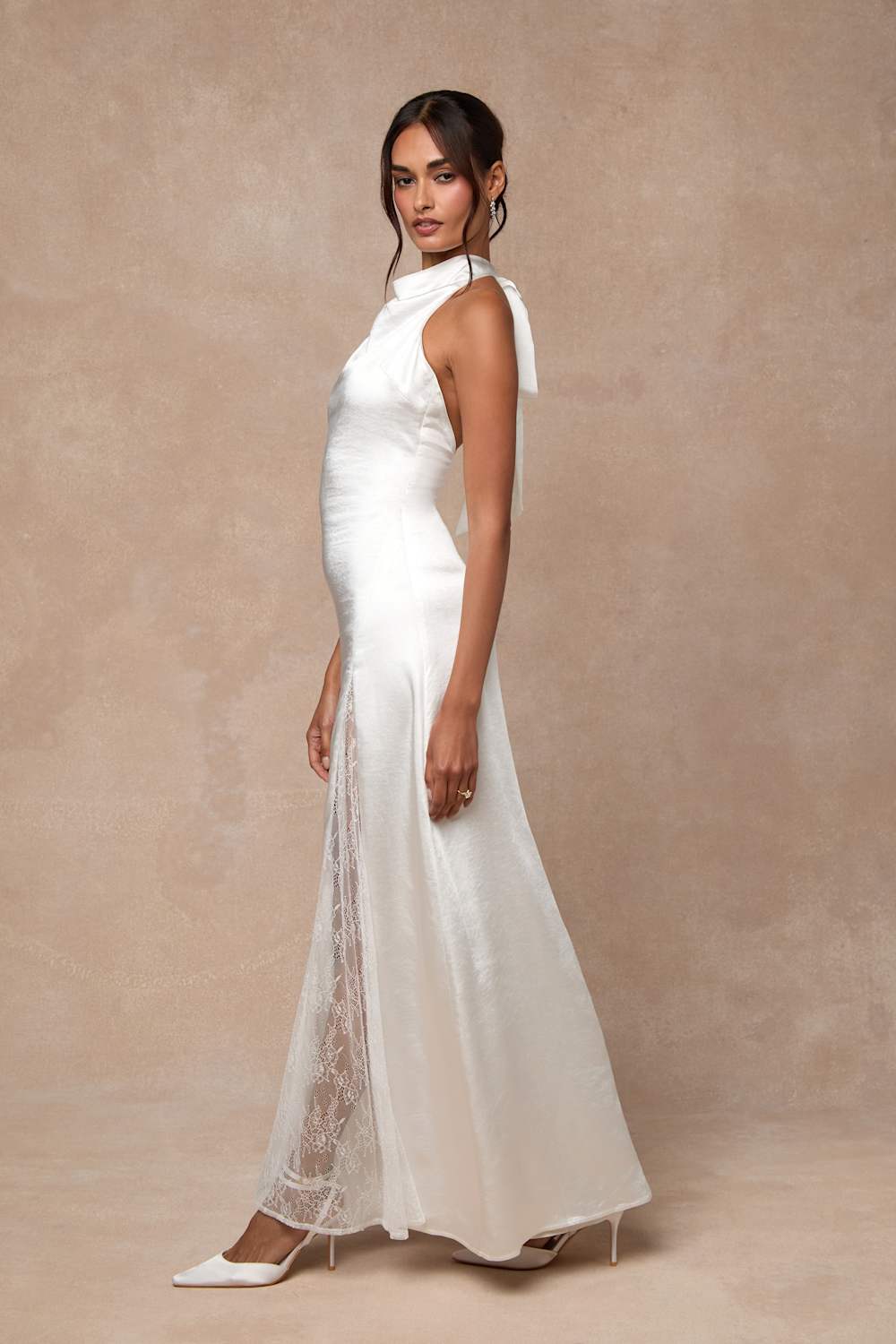 Concetta Ivory Satin Lace Halter Maxi Dress