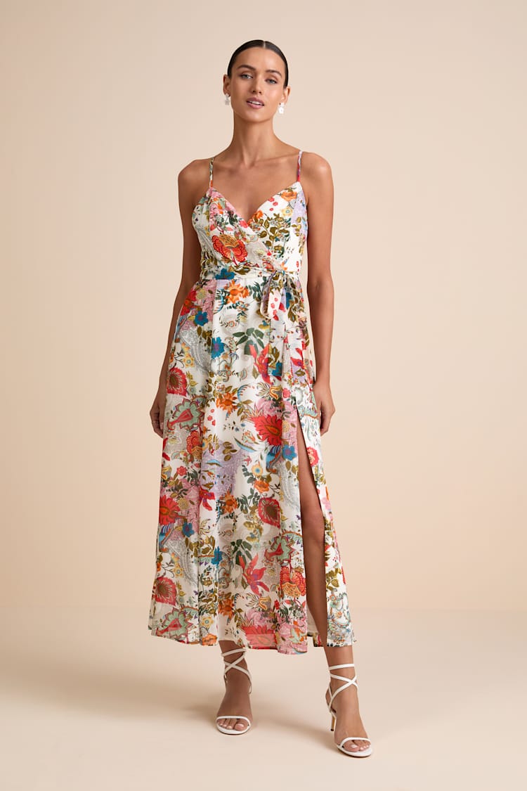 Lera White Multi Paisley Print Surplice Midi Dress