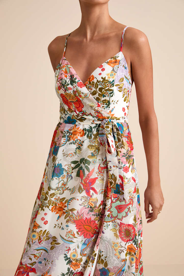 Lera White Multi Paisley Print Surplice Midi Dress