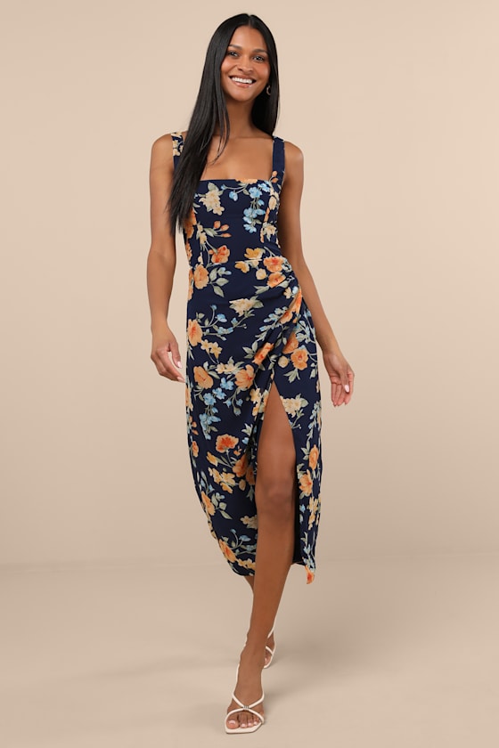 Image of Lesina Navy Blue Floral Sleeveless Midi Dress