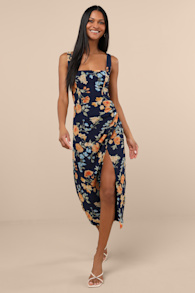 Lesina Navy Blue Floral Sleeveless Midi Dress 1