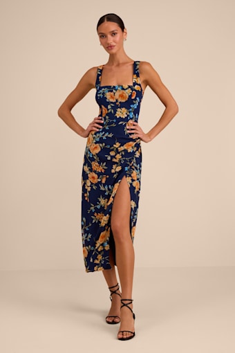 Lesina Navy Blue Floral Sleeveless Midi Dress 2