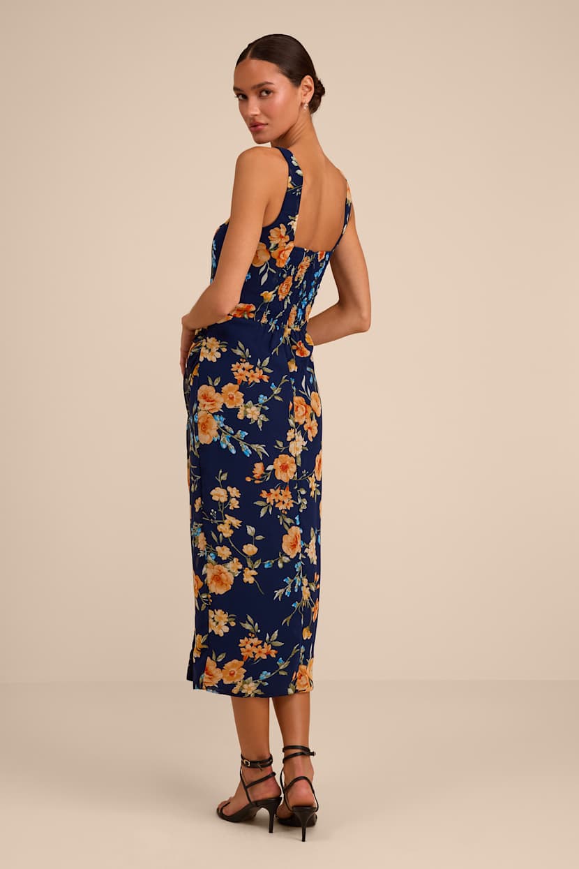 evalina navy blue floral print mock neck midi dress Lulus | Dresses | Evalina Navy Blue Floral Print Mock Neck Midi Dress