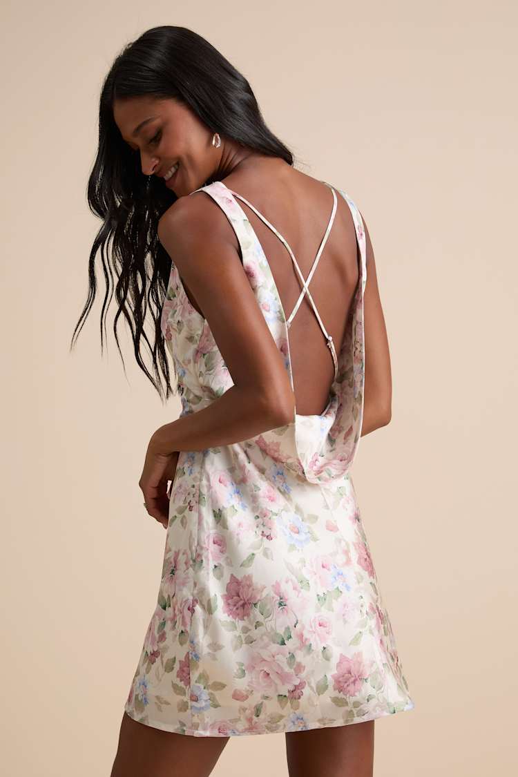 Cream Floral Dress - Satin Mini Dress - Cowl Back Mini Dress - Lulus