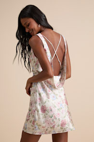 Coralise Cream Floral Satin Cowl Back Mini Dress 1