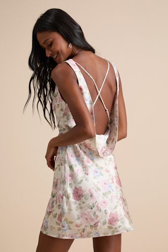 Coralise Cream Floral Satin Cowl Back Mini Dress 1
