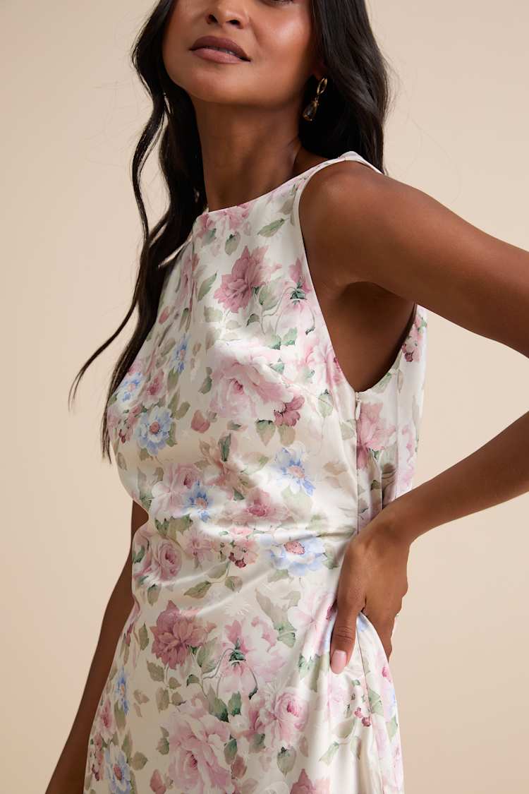 Coralise Cream Floral Satin Cowl Back Mini Dress