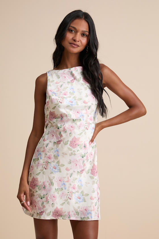Cream Floral Dress - Satin Mini Dress - Cowl Back Mini Dress - Image 3