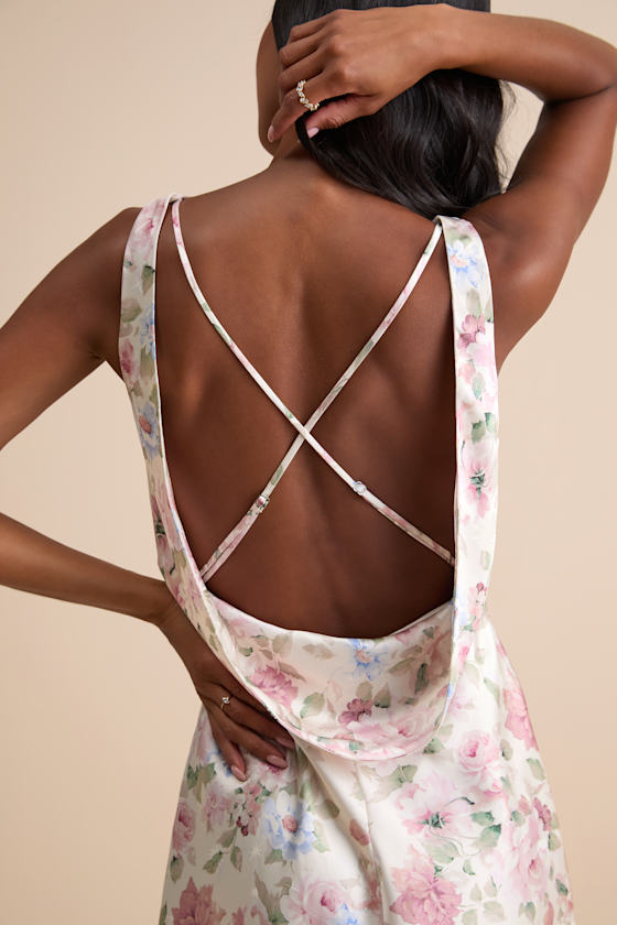 Cream Floral Dress - Satin Mini Dress - Cowl Back Mini Dress - Image 4