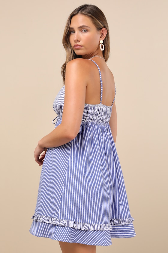 Lelina Blue Striped Tie-Front Babydoll Mini Dress 5