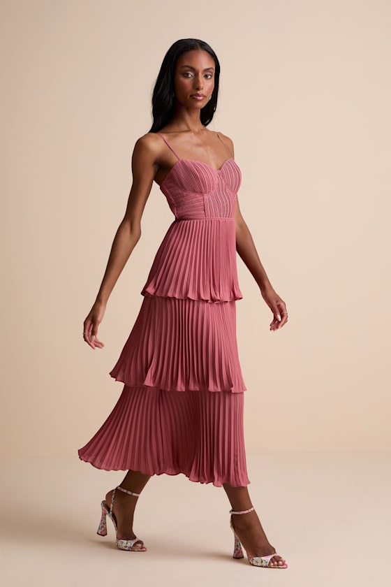 Image of Cascading Crush Rusty Rose Tiered Bustier Midi Dress