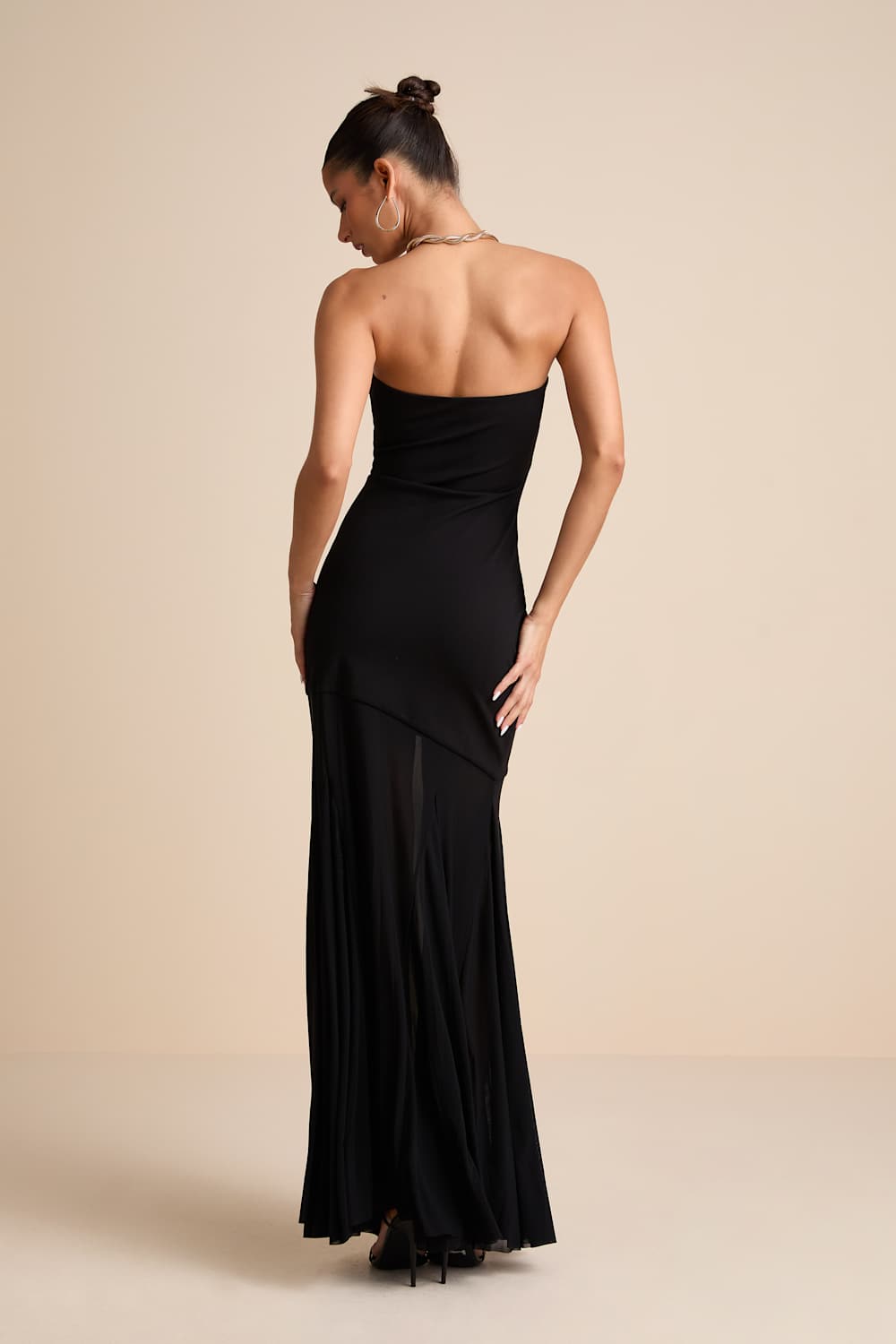 Elaris Black Mixed Media Strapless Maxi Dress