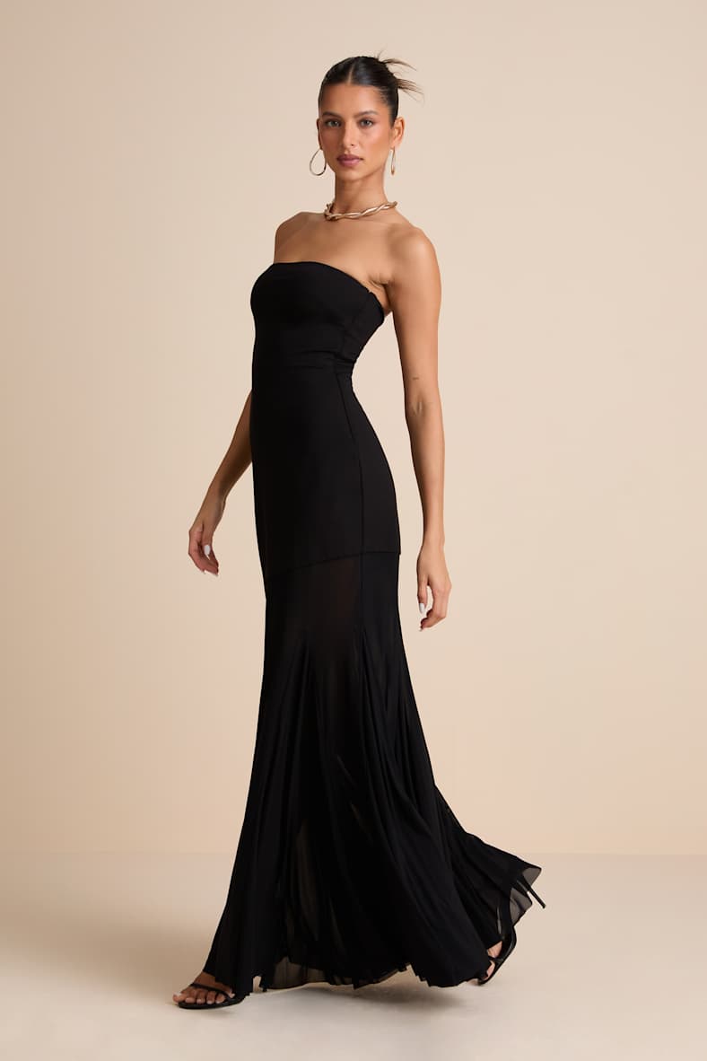 Elaris Black Mixed Media Strapless Maxi Dress