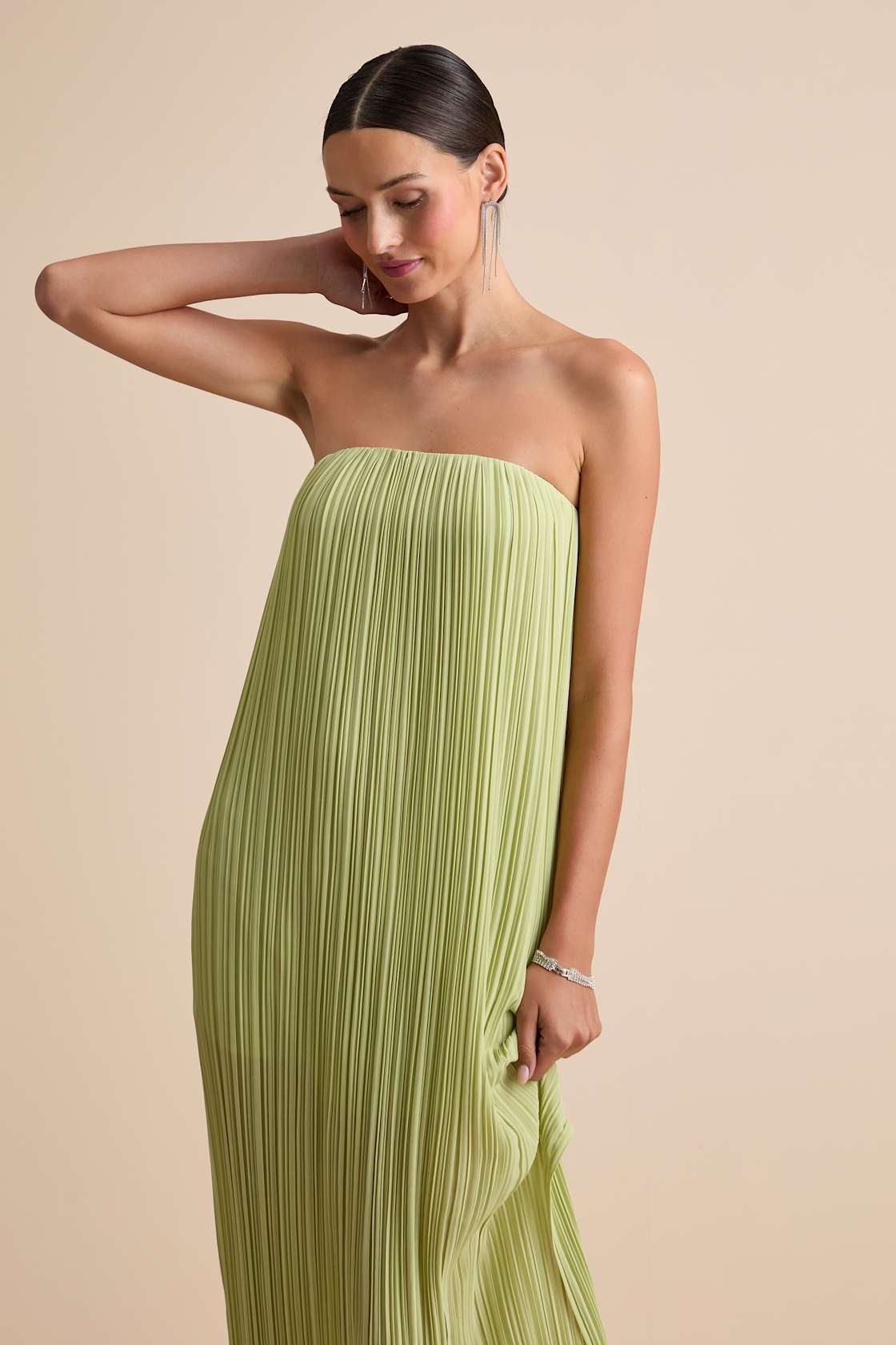 Yamuna Light Green Pleated Strapless Maxi Dress