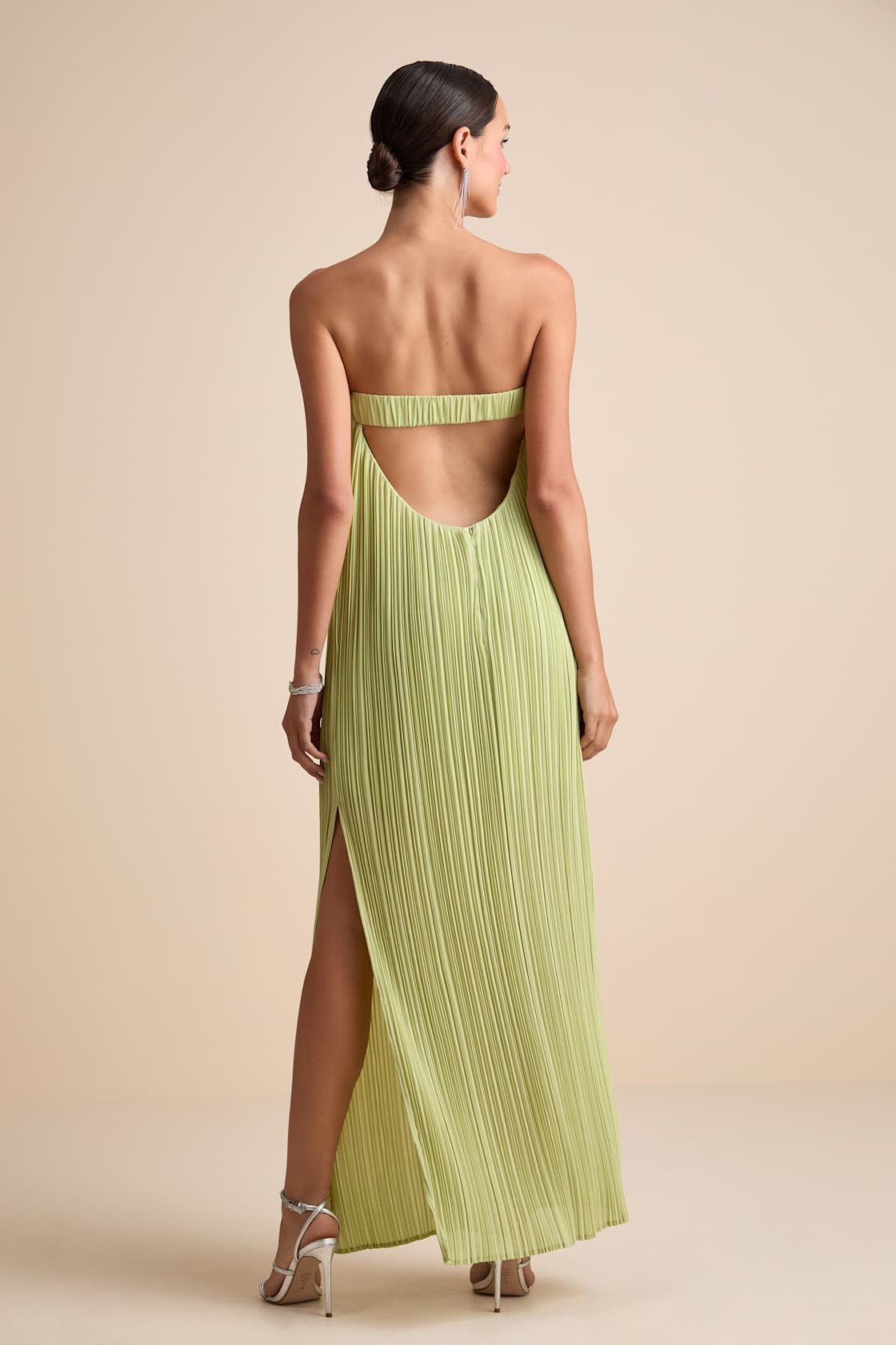 Yamuna Light Green Pleated Strapless Maxi Dress
