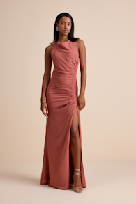 Mikaila Rusty Rose Cowl Neck Ruched Column Maxi Dress 1