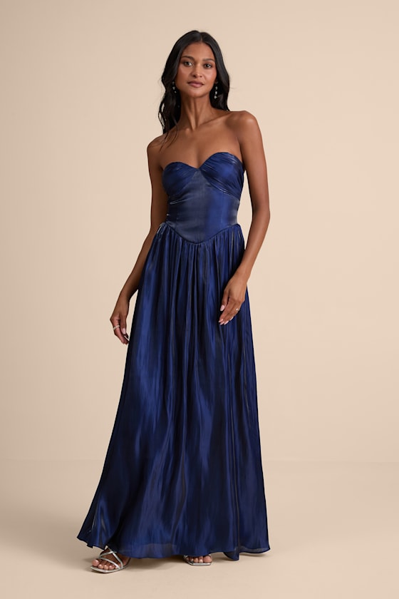 Image of Kylin Navy Satin Basque Waist Maxi Dress