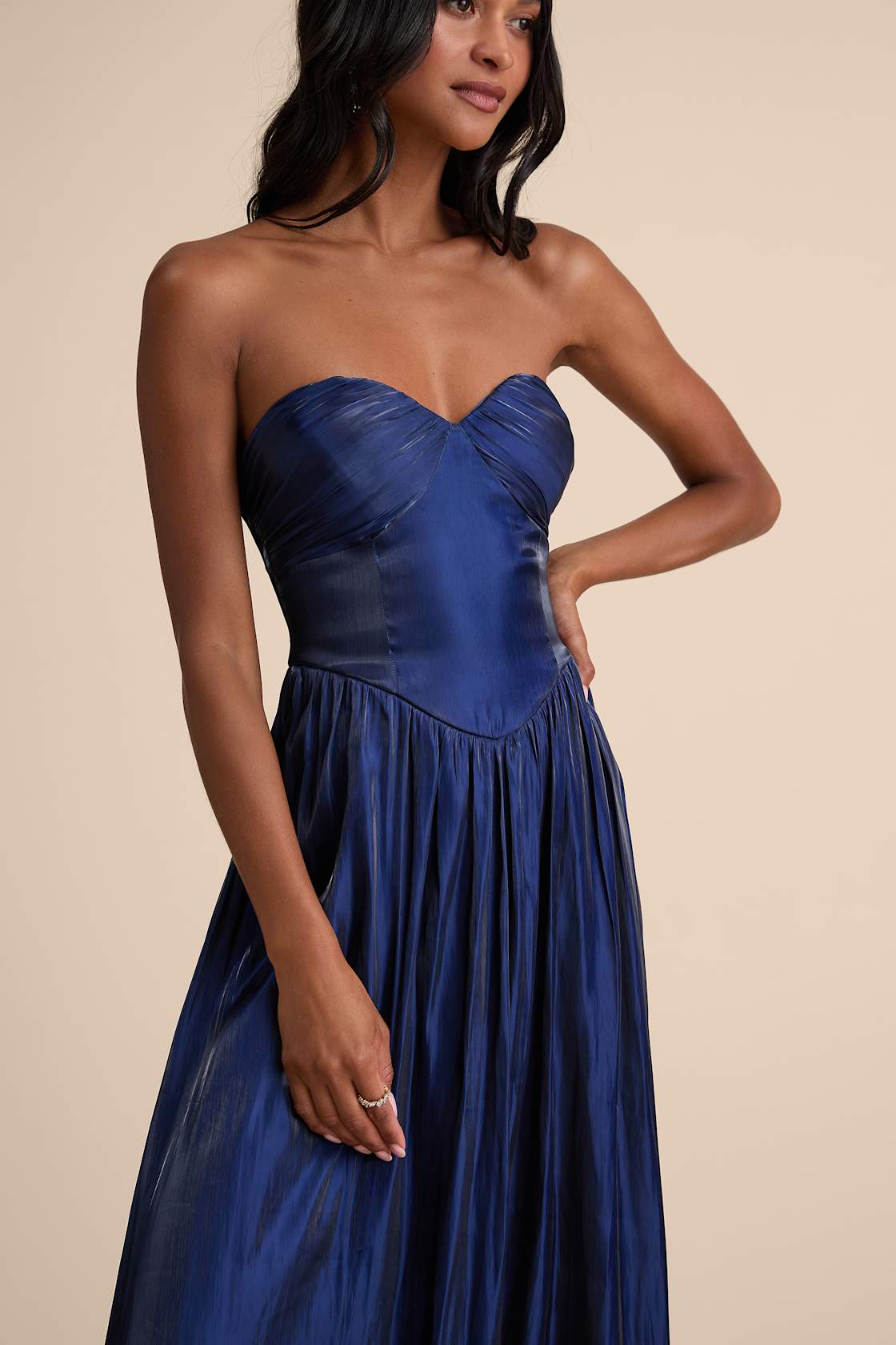 Kylin Navy Satin Basque Waist Maxi Dress