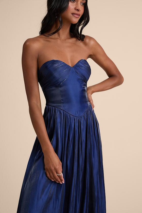Kylin Navy Satin Basque Waist Maxi Dress 2