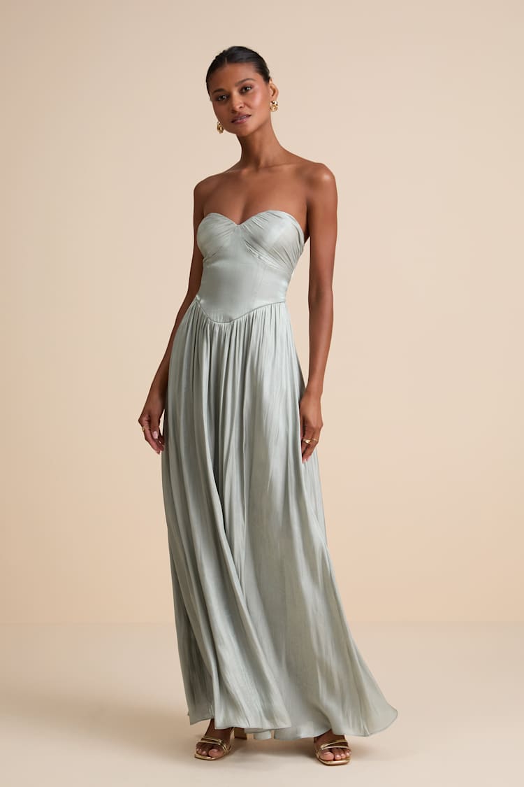 Green Kylin Sage Satin Basque Waist Maxi Dress | Womens | Medium (Available in XS, L, XL) | 100% Polyester | Lulus