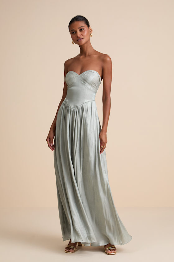 Kylin Sage Satin Basque Waist Maxi Dress 1