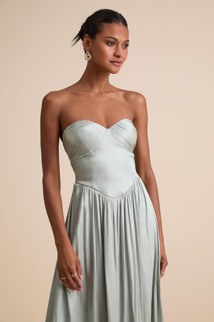 Kylin Sage Satin Basque Waist Maxi Dress