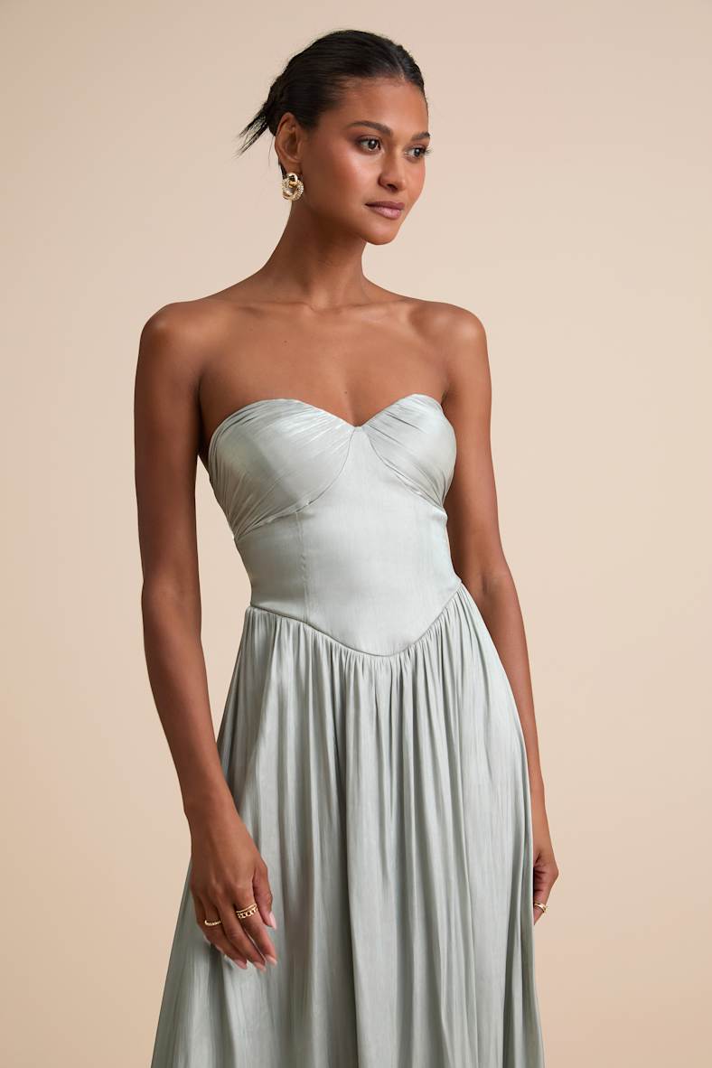Kylin Sage Satin Basque Waist Maxi Dress