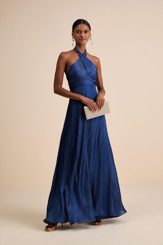 Image of Canley Blue Satin Cross-Front Halter Maxi Dress