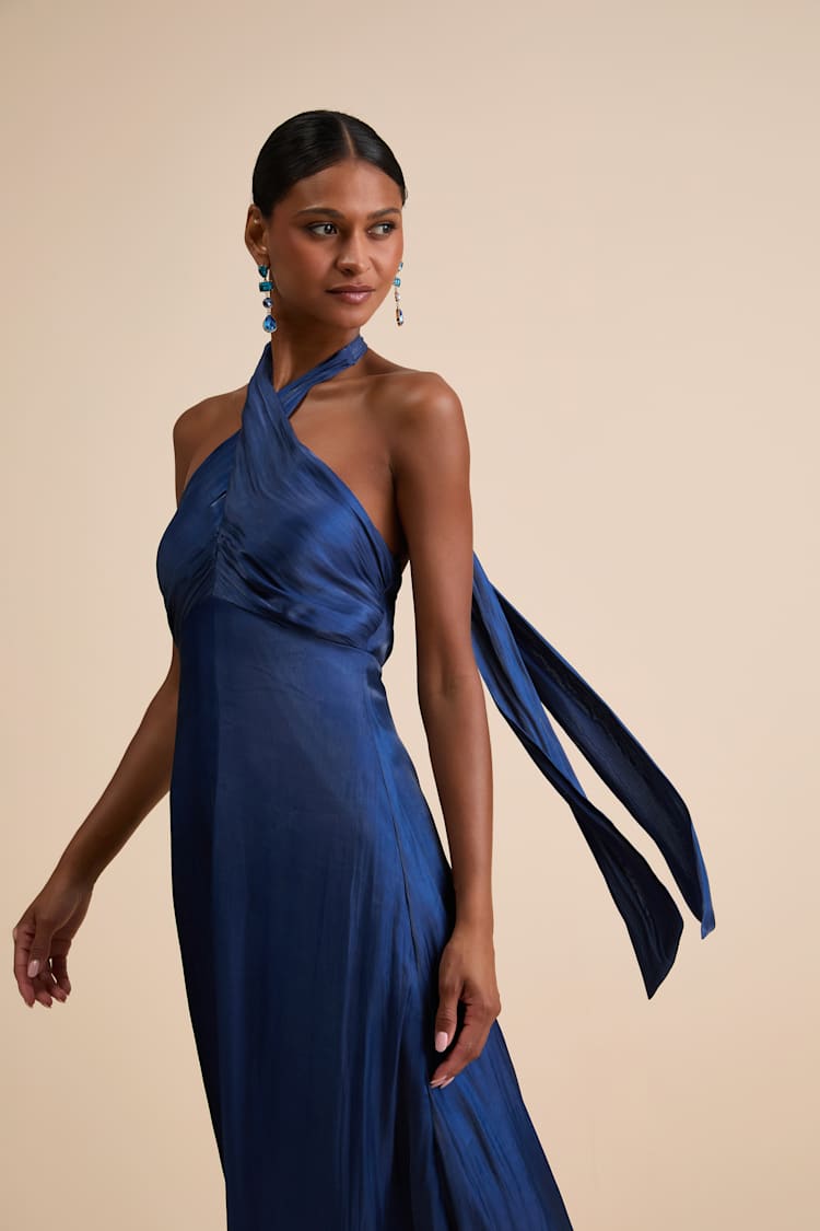 Canley Blue Satin Cross-Front Halter Maxi Dress
