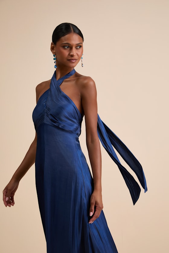 Canley Blue Satin Cross-Front Halter Maxi Dress 2