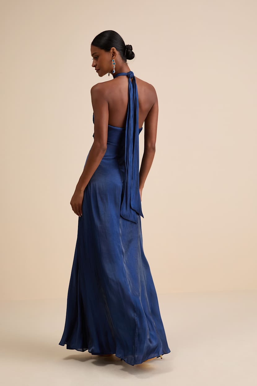 Canley Blue Satin Cross-Front Halter Maxi Dress