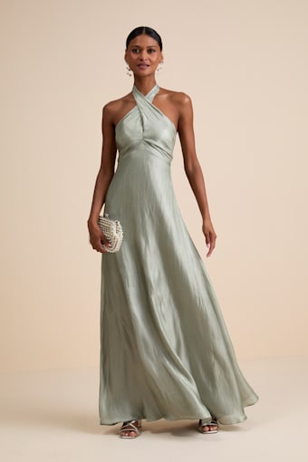 Canley Sage Satin Cross-Front Halter Maxi Dress 1