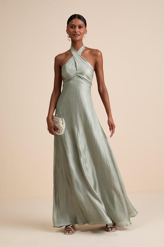 Canley Sage Satin Cross-Front Halter Maxi Dress 1